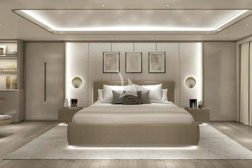 a large white bed in a room aboard BIRUBI Yacht for Sale