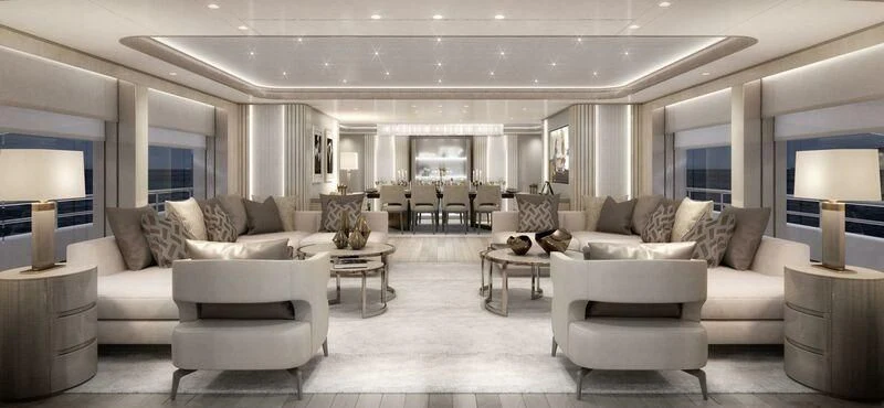 a living room with white furniture aboard BIRUBI Yacht for Sale