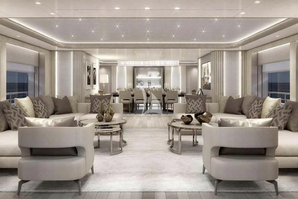 a living room with white furniture aboard BIRUBI Yacht for Sale