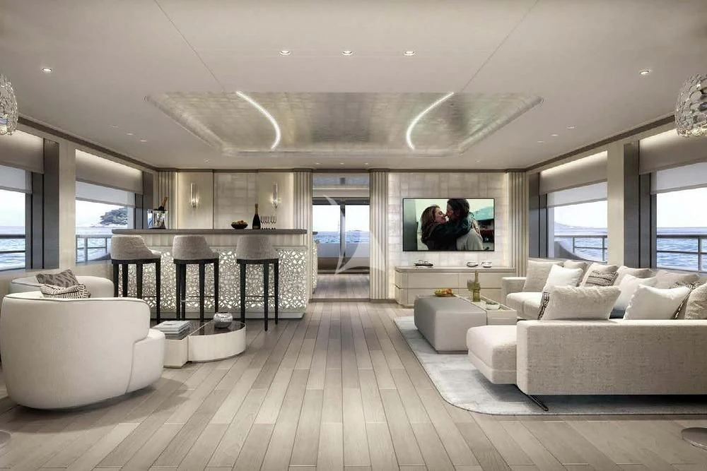 a living room with a large screen aboard BIRUBI Yacht for Sale