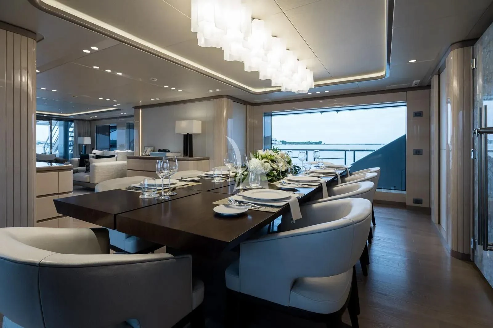 a modern looking living room aboard BIRUBI Yacht for Sale