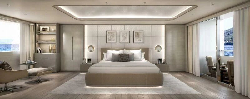 a large bedroom with a large bed aboard BIRUBI Yacht for Sale