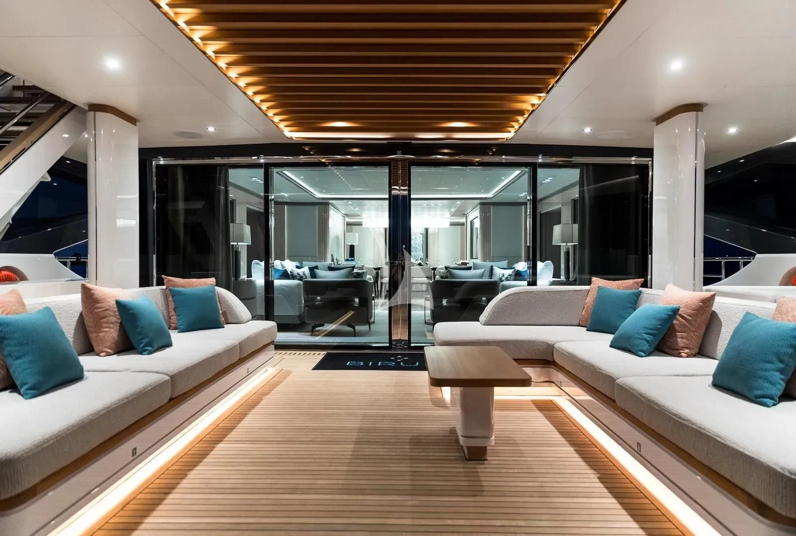 a room with a large bed and a large window aboard BIRUBI Yacht for Sale