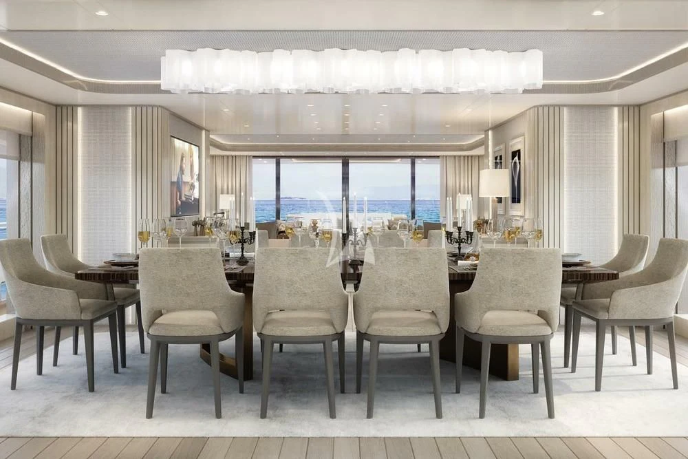 a conference room with a table and chairs aboard BIRUBI Yacht for Sale