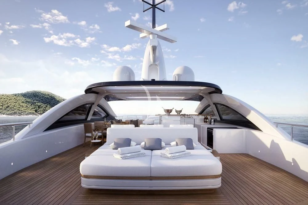 a white yacht on a deck aboard BIRUBI Yacht for Sale