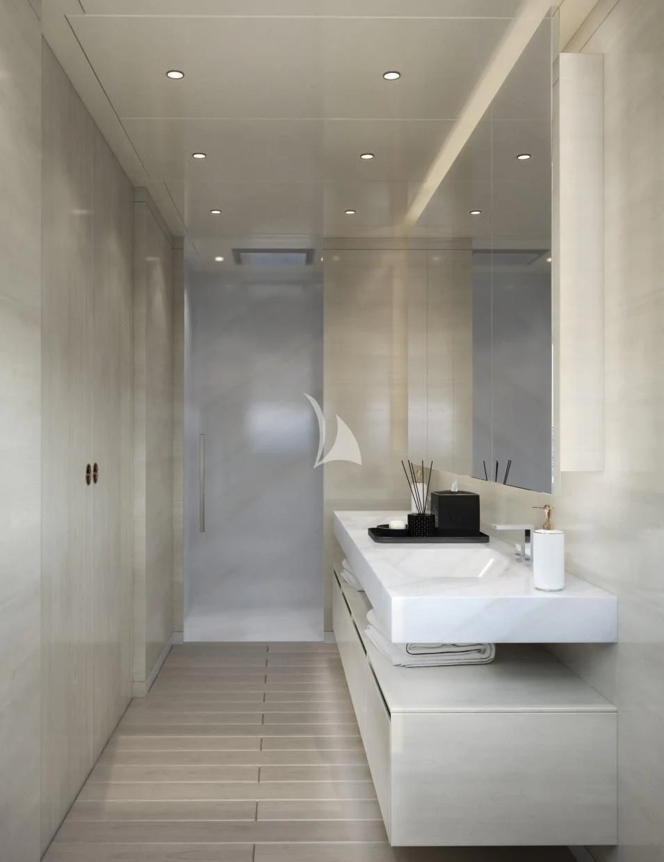 a bathroom with a sink and a mirror aboard BIRUBI Yacht for Sale