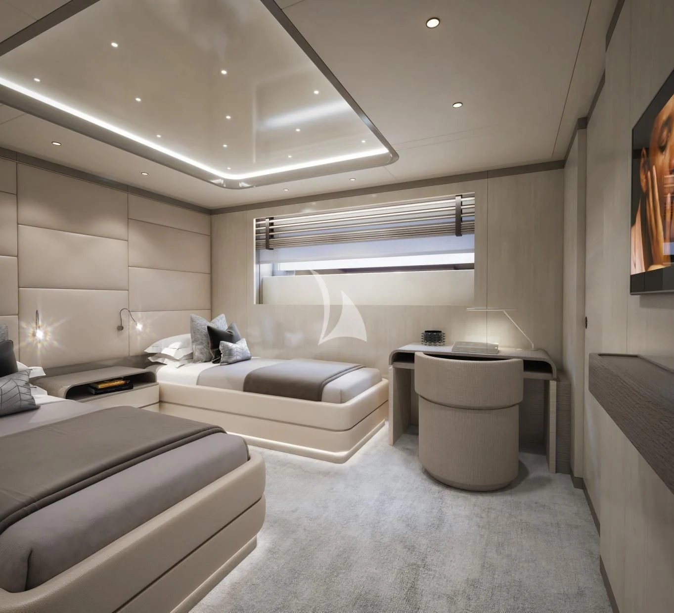 a room with a bed and a couch aboard BIRUBI Yacht for Sale