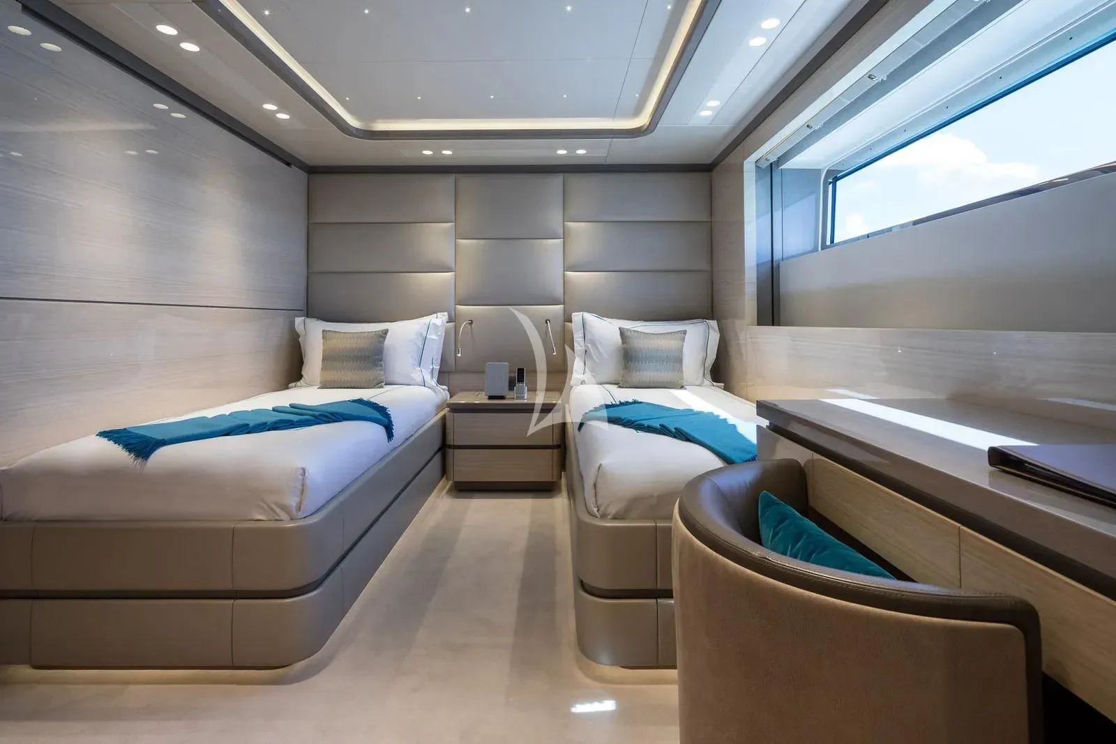 a room with a bed and a window aboard BIRUBI Yacht for Sale