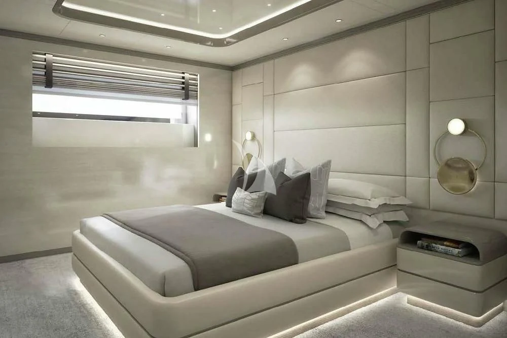 a bed in a room aboard BIRUBI Yacht for Sale