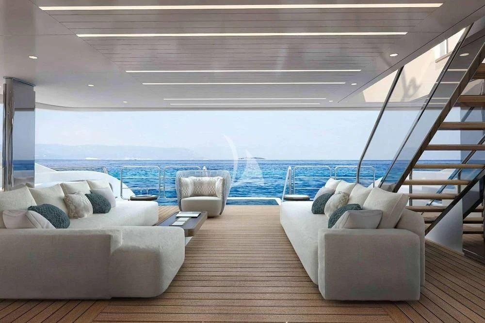 a room with a view of the ocean and the deck aboard BIRUBI Yacht for Sale