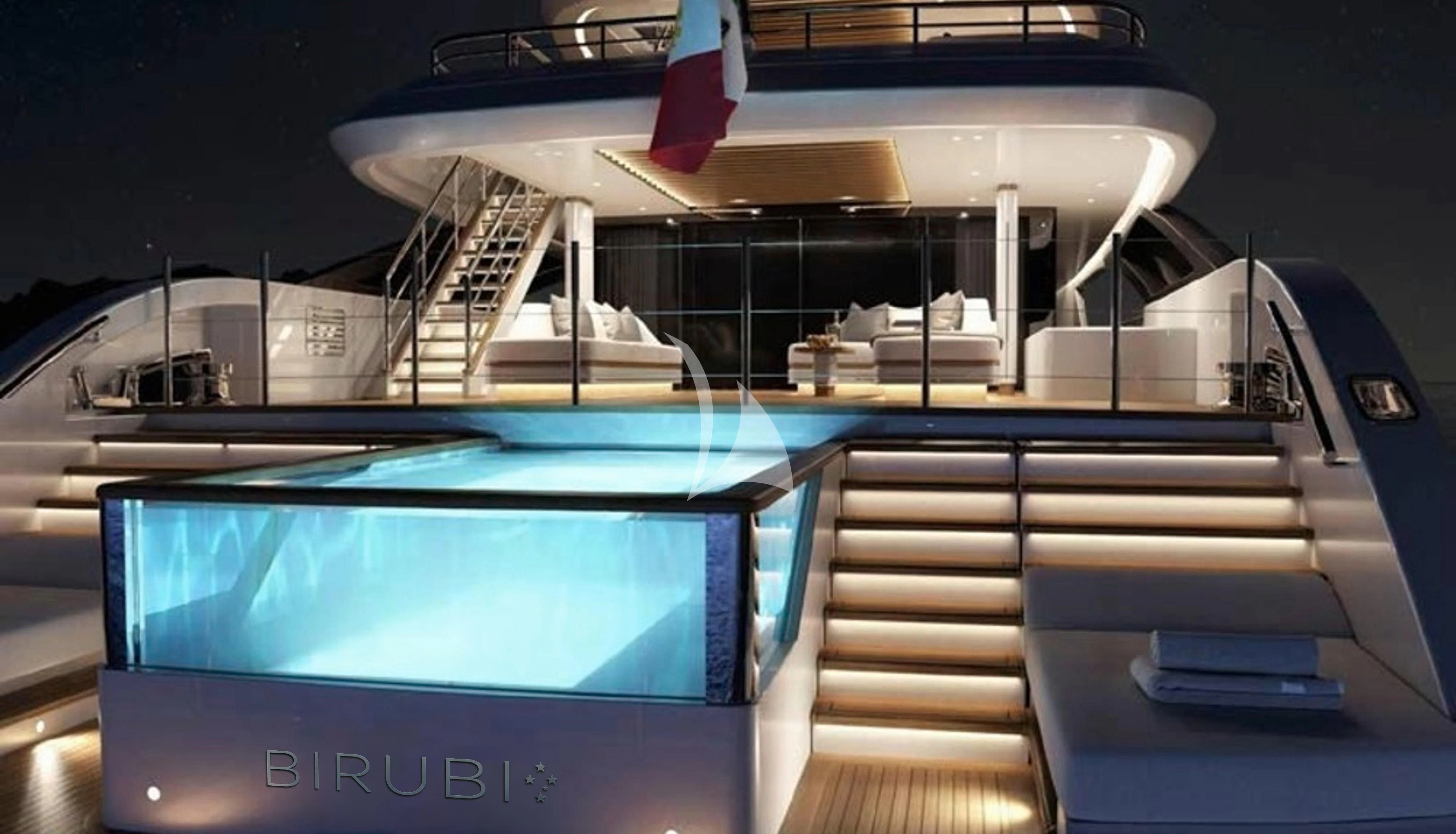 a boat with a deck and a deck aboard BIRUBI Yacht for Sale