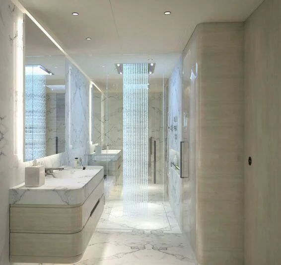 a bathroom with a shower and sinks aboard BIRUBI Yacht for Sale