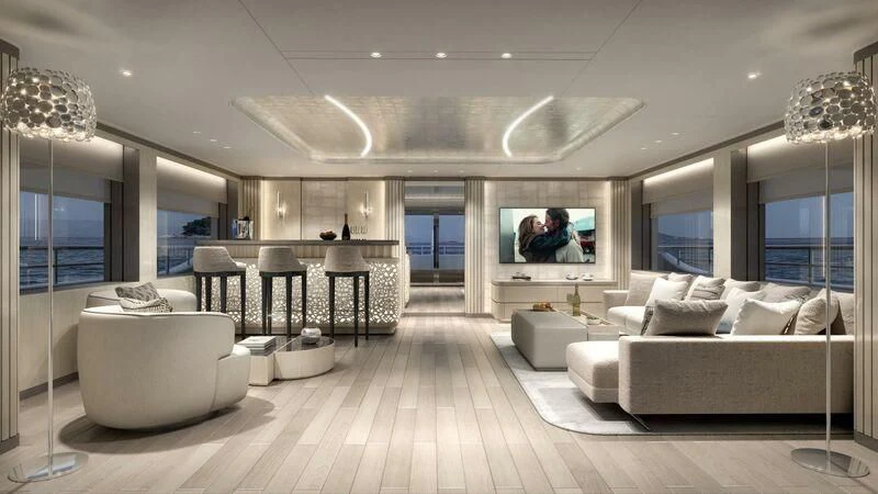 a large living room with a large screen aboard BIRUBI Yacht for Sale