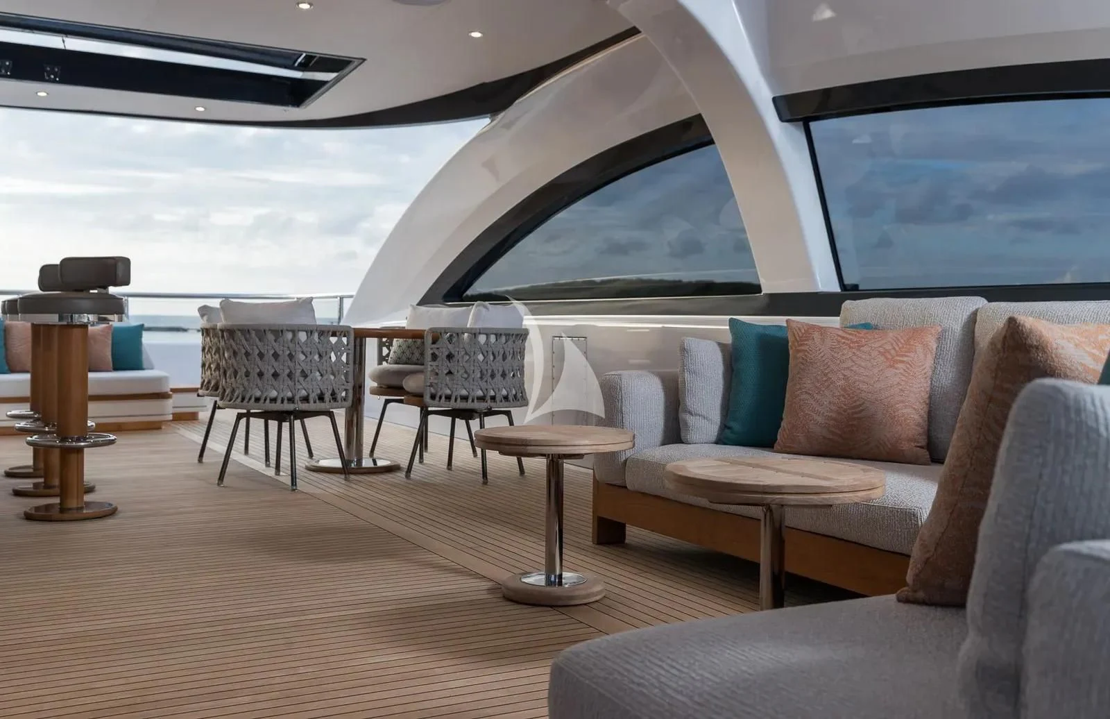 a living room with a large window aboard BIRUBI Yacht for Sale