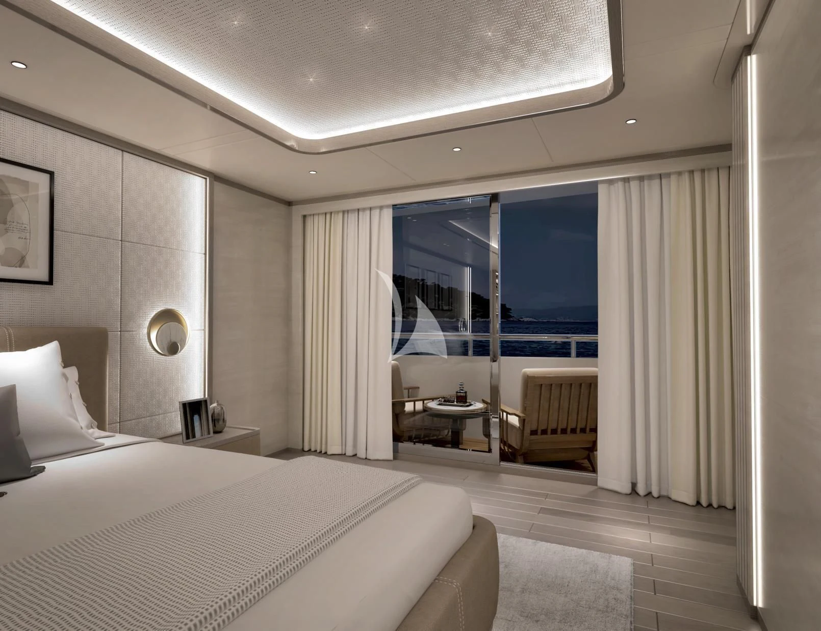 a hotel room with a bed and a large window aboard BIRUBI Yacht for Sale