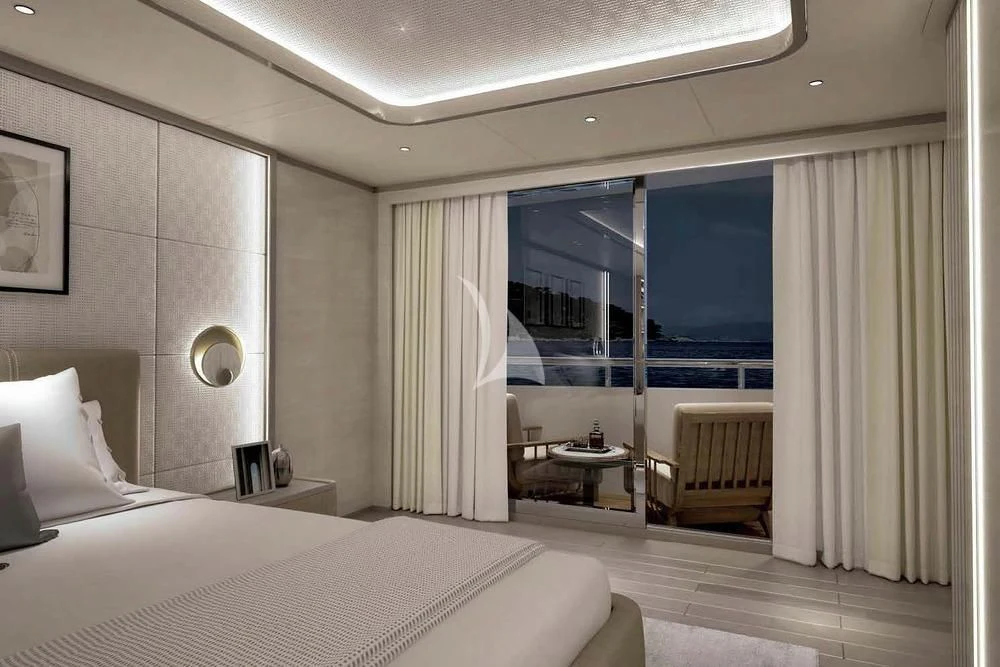 a hotel room with a bed and a large window aboard BIRUBI Yacht for Sale