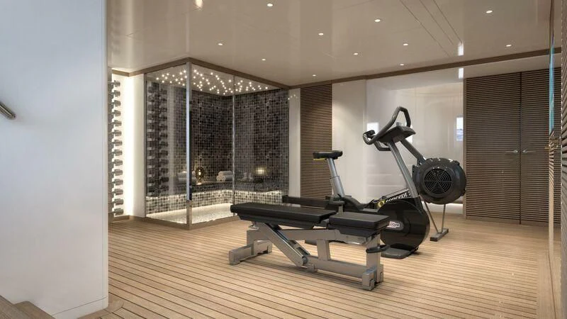 a gym with exercise equipment aboard BIRUBI Yacht for Sale