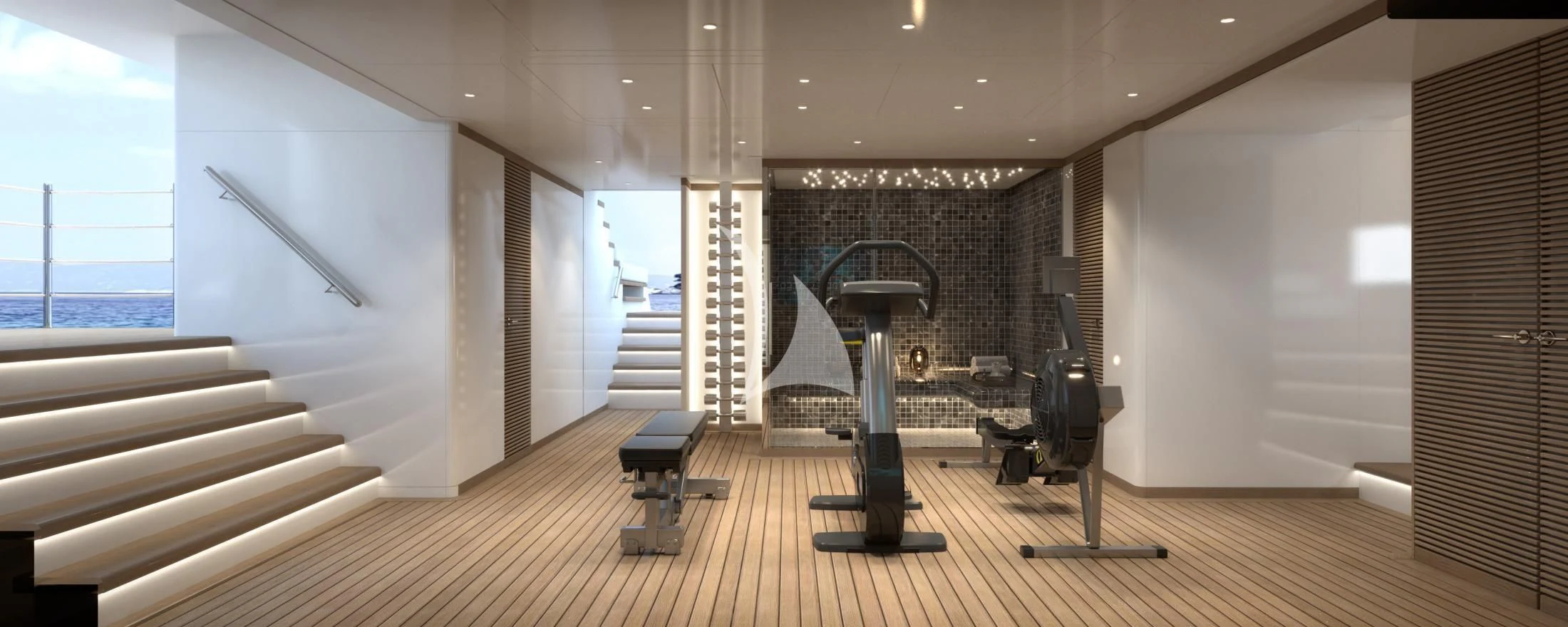 a room with a large mirror and a large window aboard BIRUBI Yacht for Sale