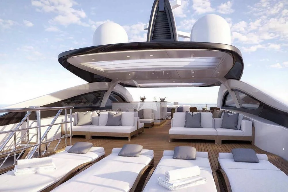 a large building with a large glass window aboard BIRUBI Yacht for Sale