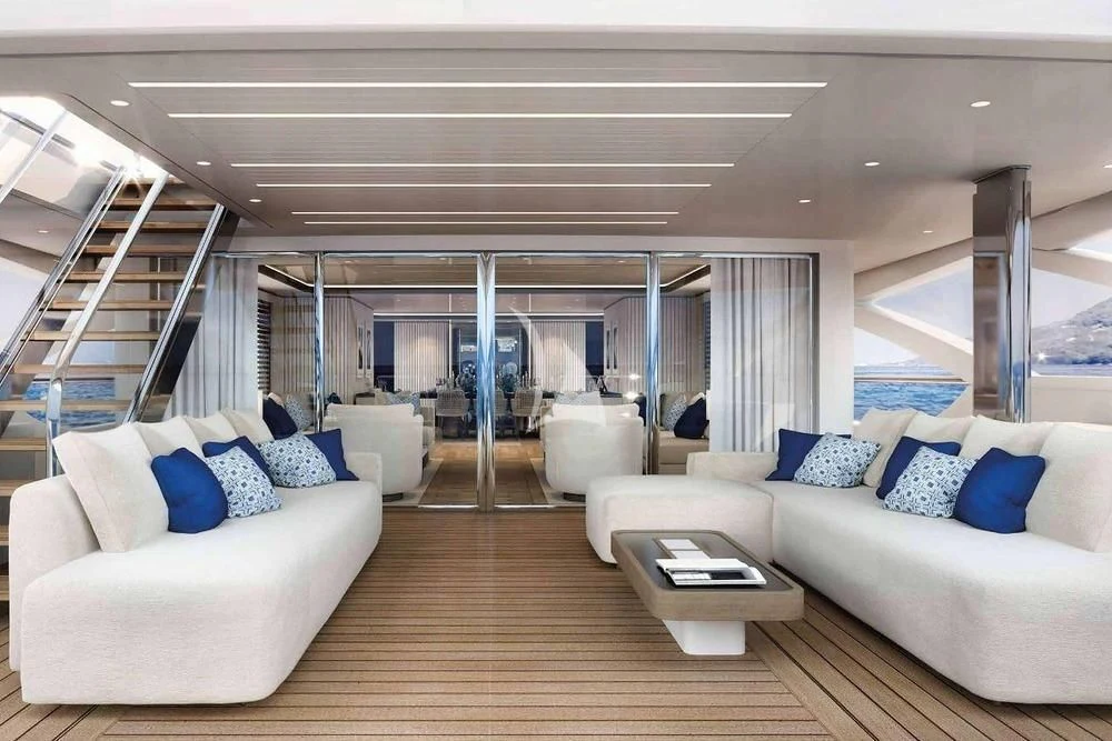 a living room with a large window aboard BIRUBI Yacht for Sale