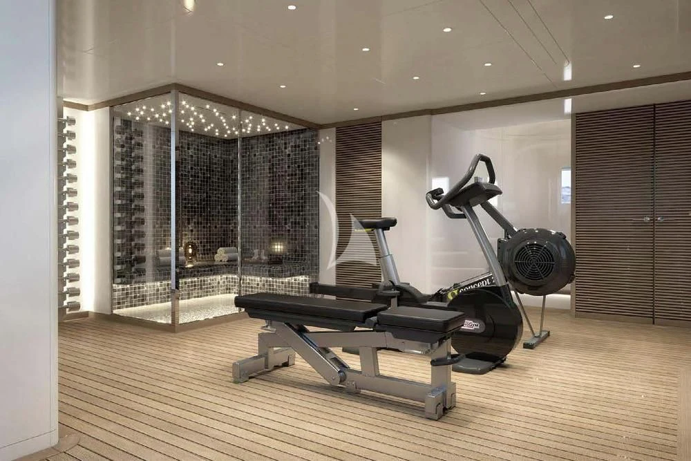 a gym with exercise equipment aboard BIRUBI Yacht for Sale