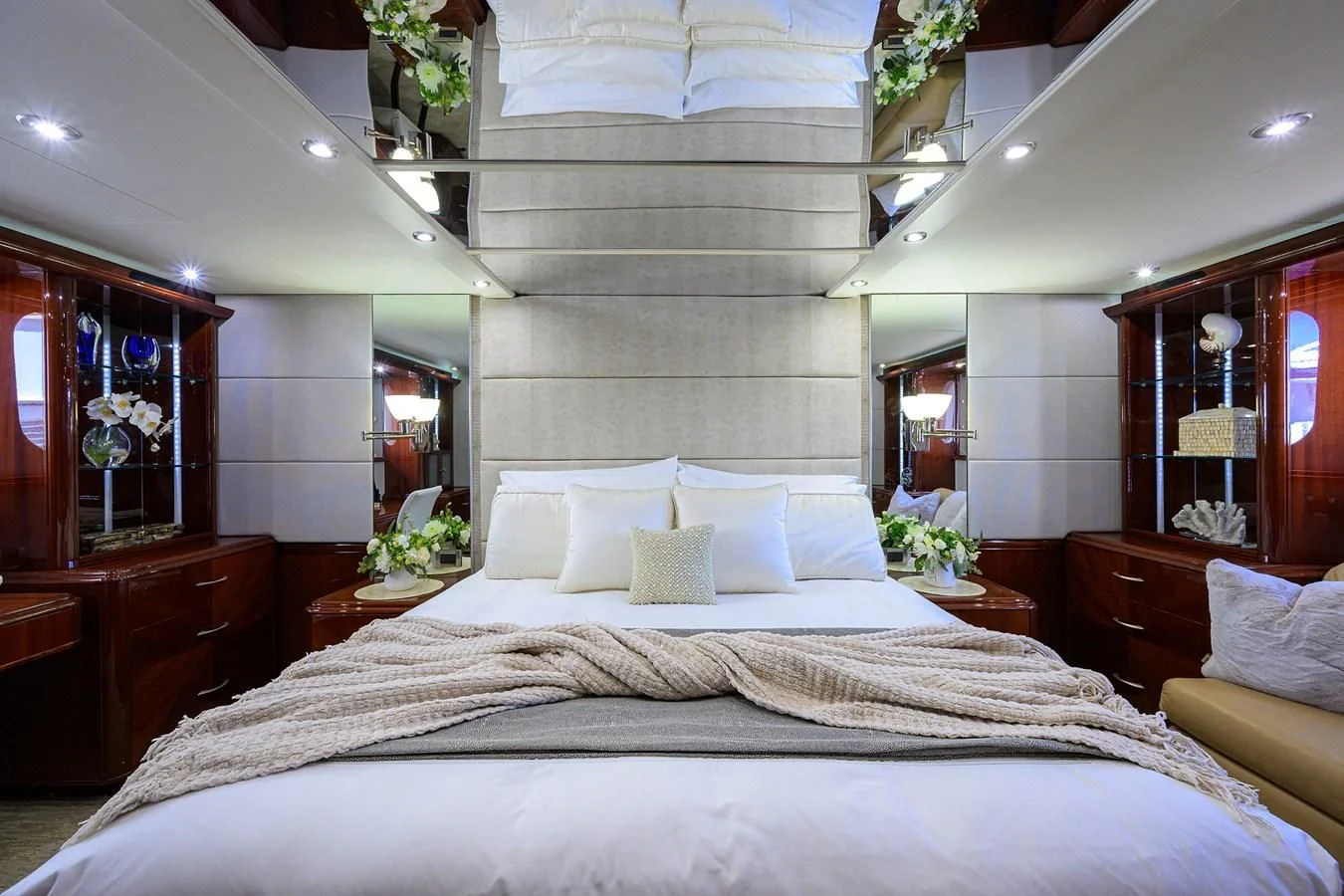 a large bed with white pillows aboard ALWAYS BAREFOOT Yacht for Sale
