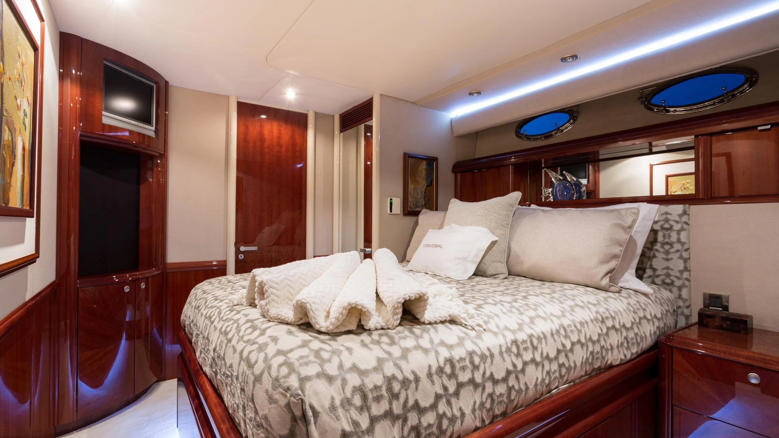 a bed with white sheets aboard ALWAYS BAREFOOT Yacht for Sale