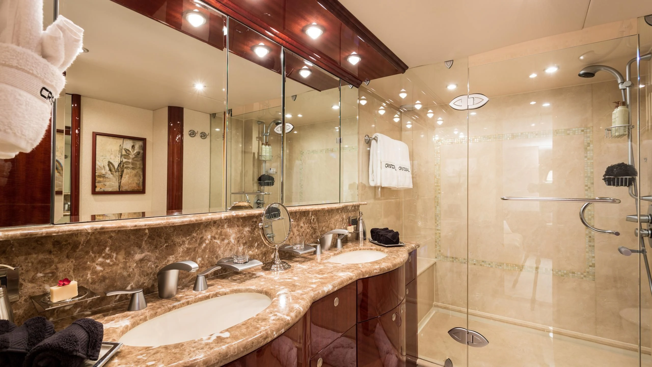 a bathroom with a large mirror aboard ALWAYS BAREFOOT Yacht for Sale