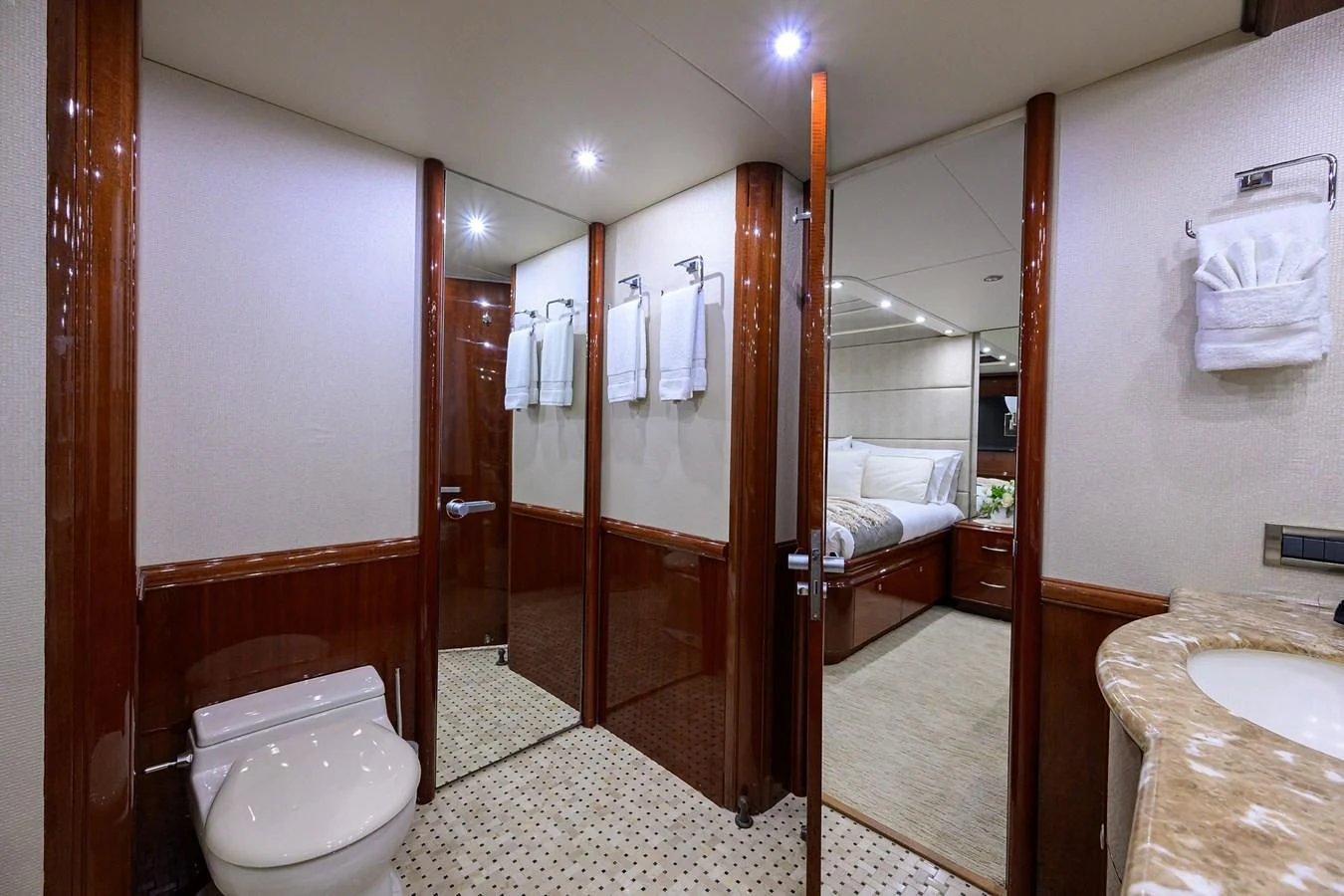a bathroom with a shower and toilet aboard ALWAYS BAREFOOT Yacht for Sale