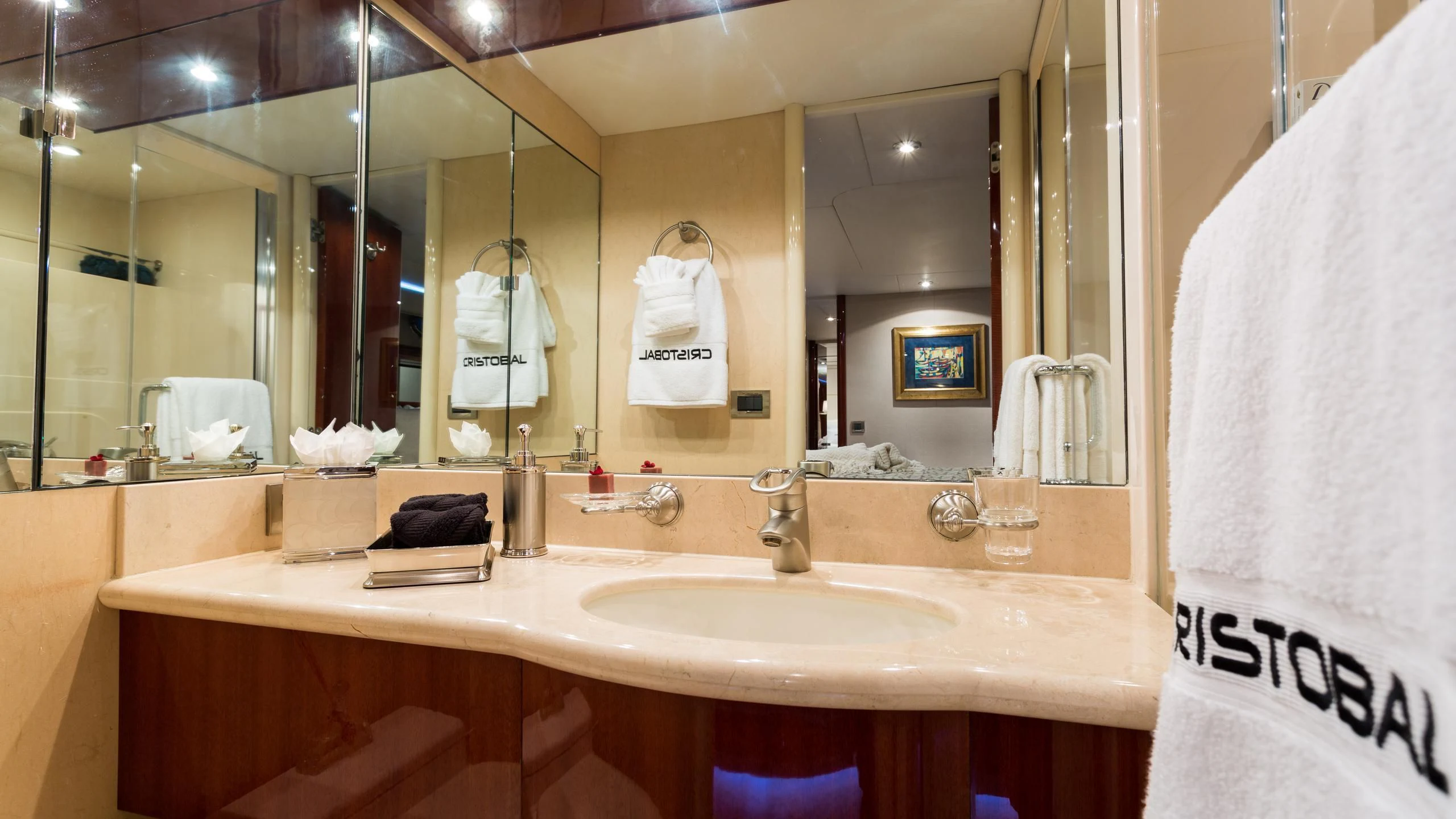 a bathroom with a large mirror aboard ALWAYS BAREFOOT Yacht for Sale