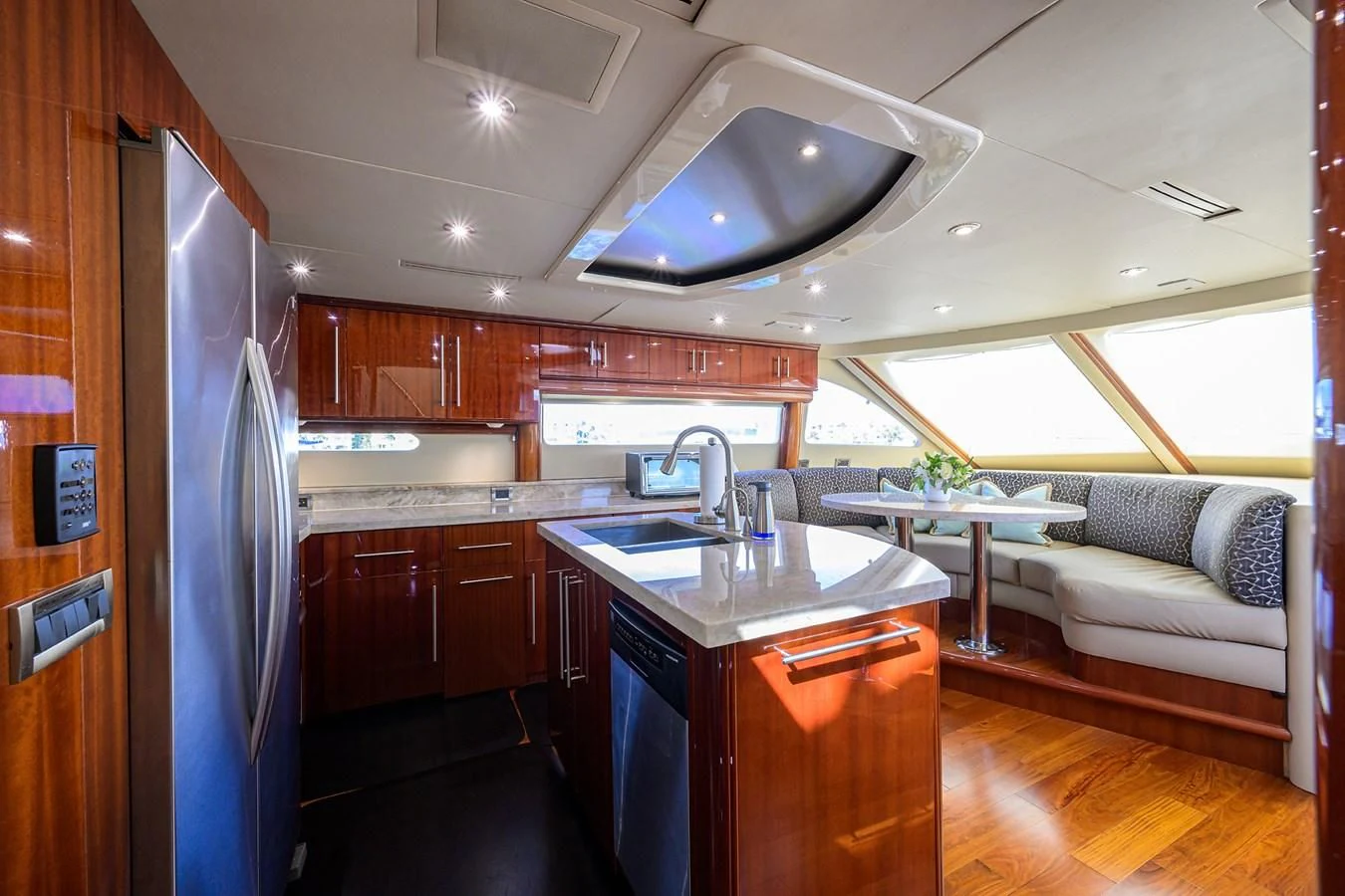 a kitchen with a ceiling fan aboard ALWAYS BAREFOOT Yacht for Sale