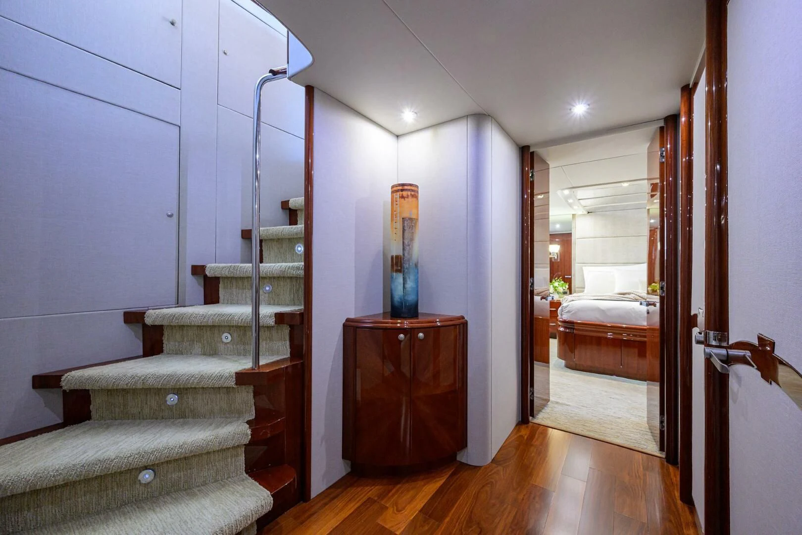 a staircase leading to a bedroom aboard ALWAYS BAREFOOT Yacht for Sale