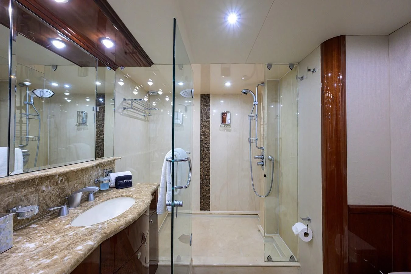 a bathroom with a shower and sink aboard ALWAYS BAREFOOT Yacht for Sale