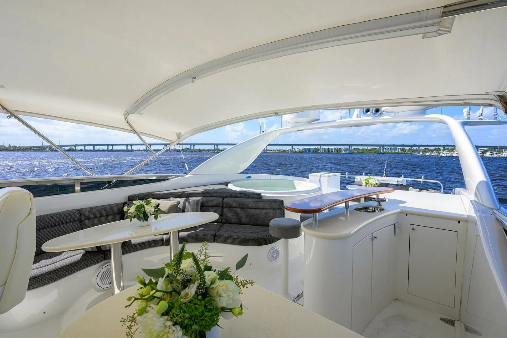 a boat with white furniture aboard ALWAYS BAREFOOT Yacht for Sale