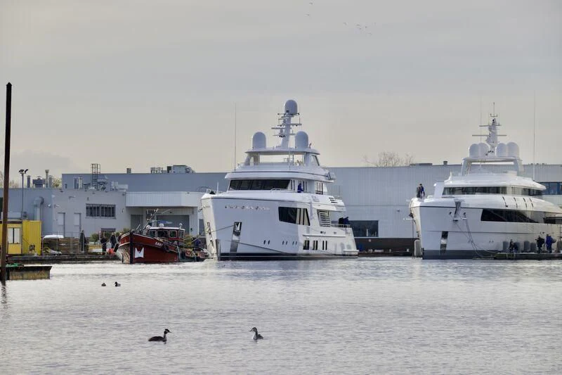 a group of boats in a harbor aboard CALLISTO Yacht for Sale