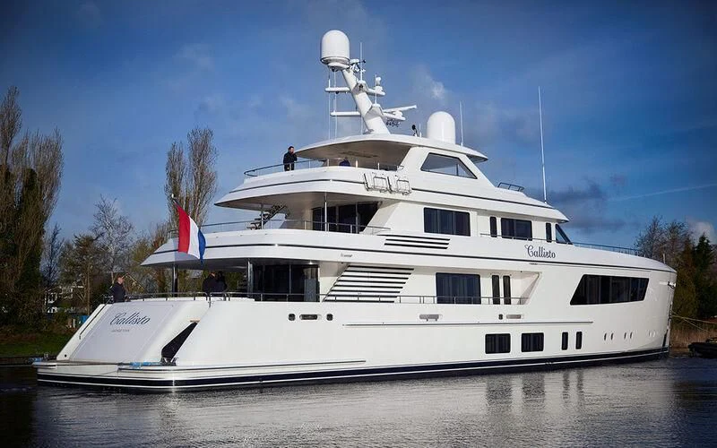 a large white boat on the water aboard CALLISTO Yacht for Sale