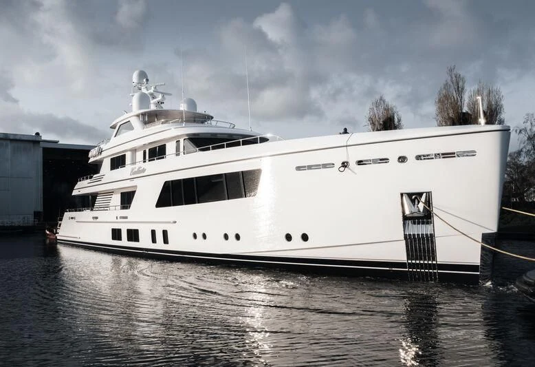a white yacht docked aboard CALLISTO Yacht for Sale