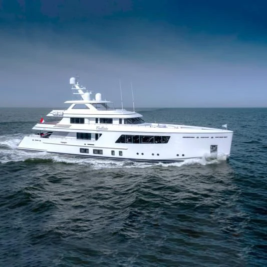 a white yacht in the water aboard CALLISTO Yacht for Sale