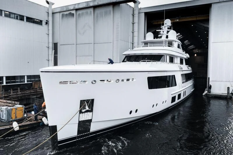 a white boat docked aboard CALLISTO Yacht for Sale