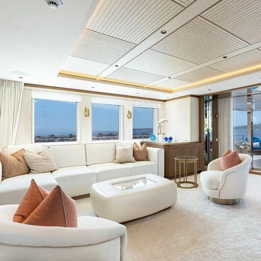 a living room with a large window aboard CALLISTO Yacht for Sale