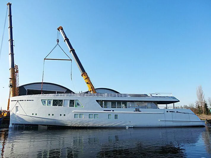 a large white boat on the water aboard CALLISTO Yacht for Sale