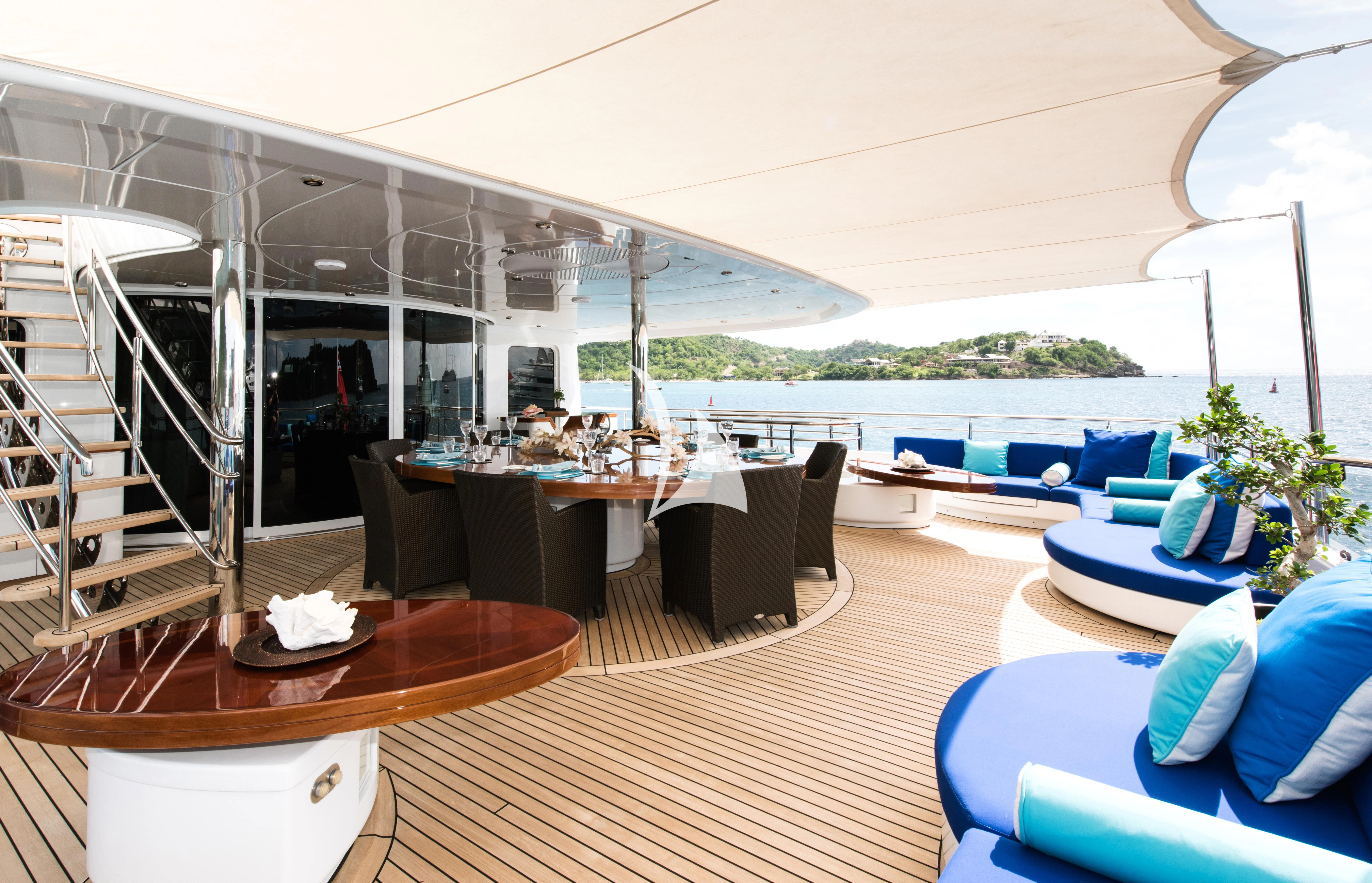 a room with a table chairs and a large window aboard TALISMAN MAITON Yacht for Charter
