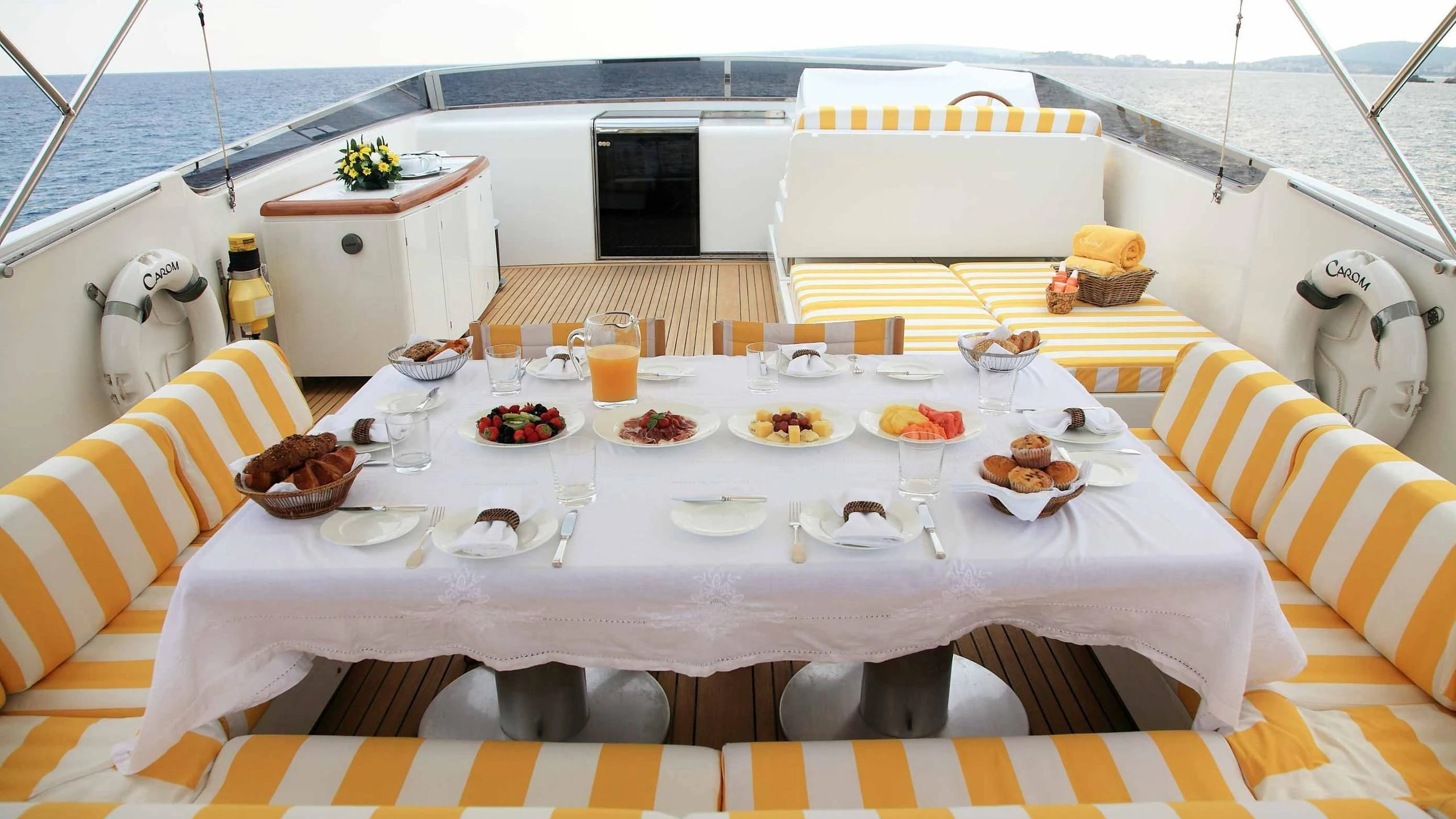 a table with food on it aboard TALISMAN MAITON Yacht for Charter