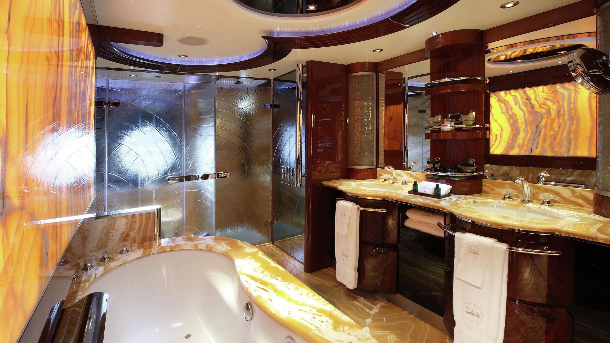 a bathroom with a large mirror aboard TALISMAN MAITON Yacht for Charter
