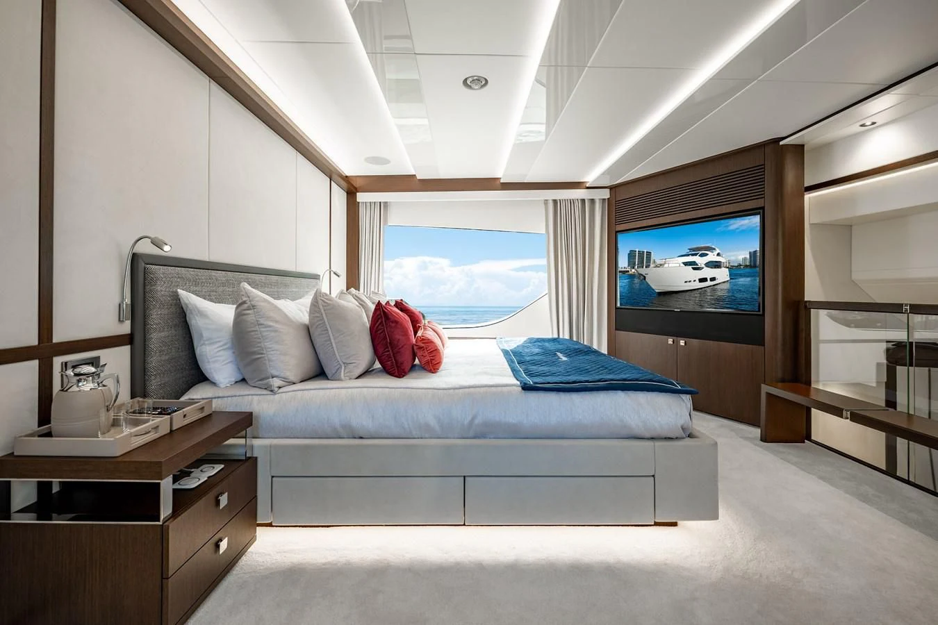 a bed in a room aboard ROMANI Yacht for Sale