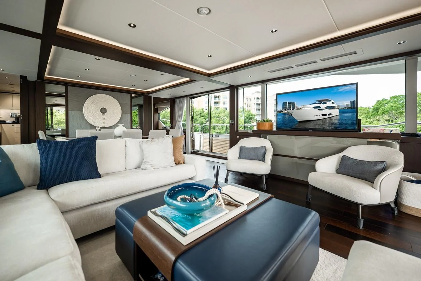a living room with a large window aboard ROMANI Yacht for Sale