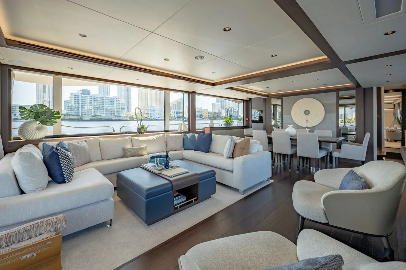 a living room with a large window aboard ROMANI Yacht for Sale