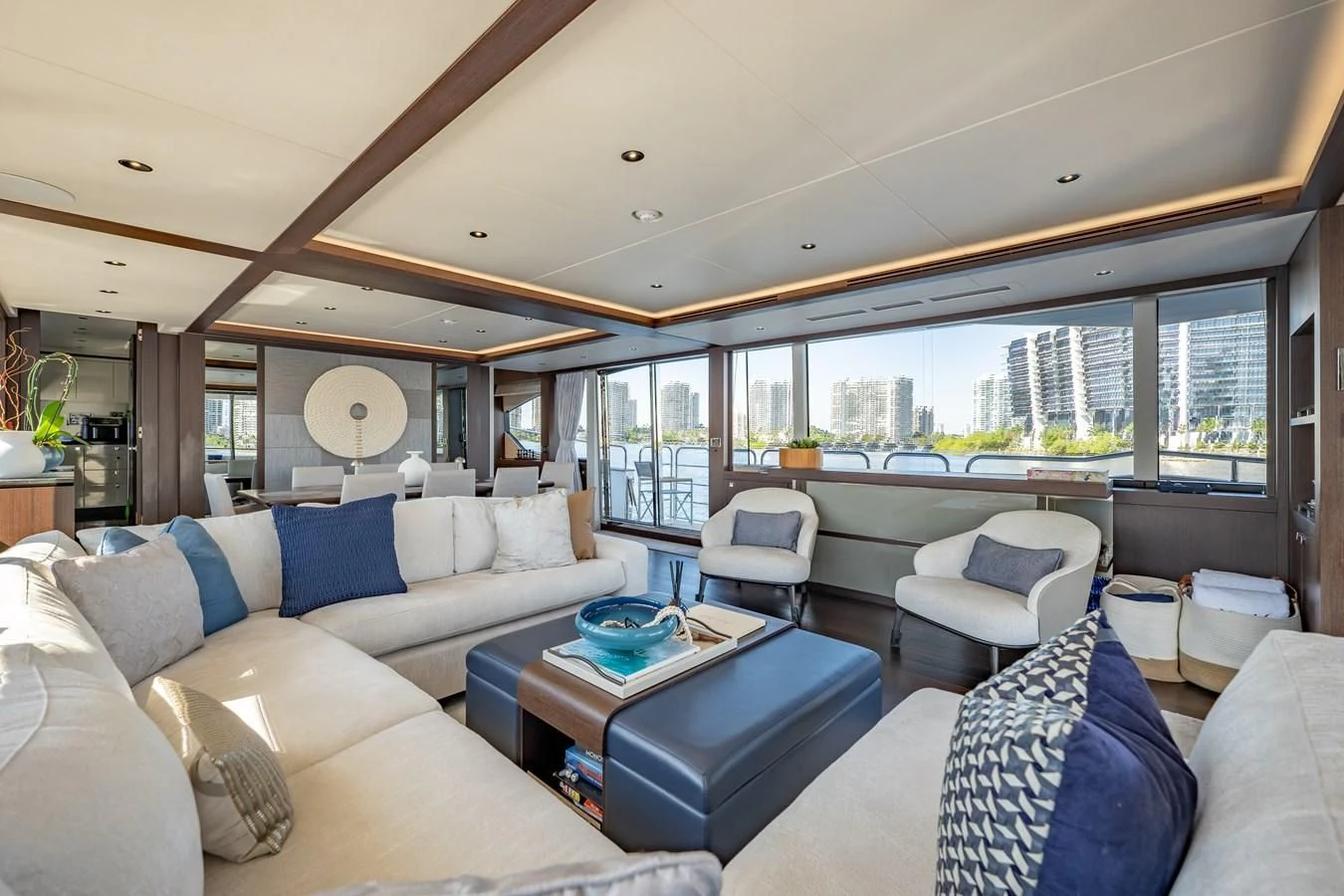 a living room with a large window aboard ROMANI Yacht for Sale
