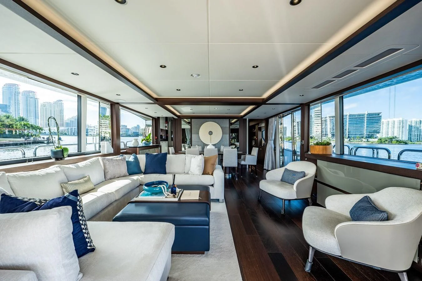 a living room with a large window aboard ROMANI Yacht for Sale