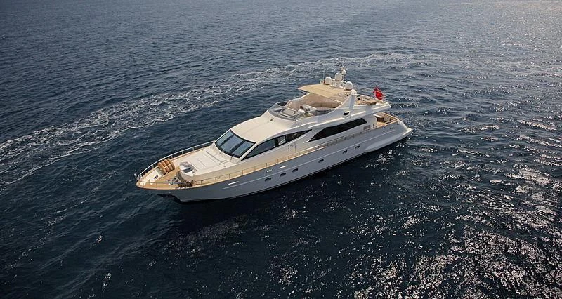 a white and gold boat on the water aboard SOHO Yacht for Sale